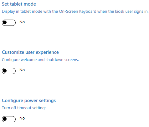 set tablet mode and configure welcome and shutdown and turn off timeout settings