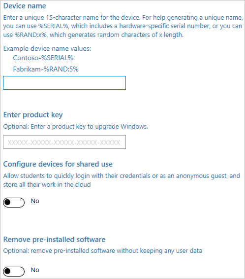 device name, upgrade to enterprise, shared use, remove pre-installed software